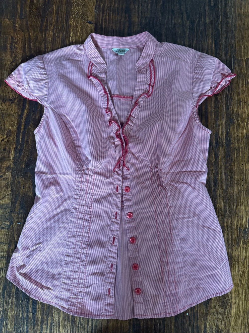 Guess Vintage Red Ruffle-Trim Button Front Blouse